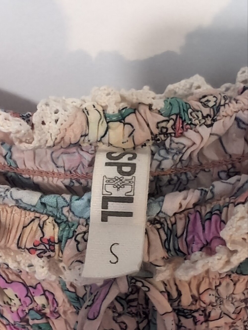 Spell Sayulita Cream Floral Smocked Off-Shoulder Top with Teal & Mauve Flowers - Picture 2 of 9